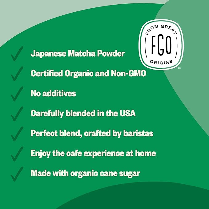 FGO Organic Matcha Latte Powder, 4 Ounce Resealable Bag, Japanese Matcha with Organic Cane Sugar, Lightly Sweetened, Packaging May Vary (Pack of 1)