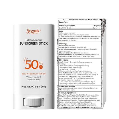 Sexymix Tattoo Sunscreen Stick, SPF 50 Waterproof Sunscreen Stick Broad Spectrum UVA/UVB Protection 0.7 oz with Zinc Oxide, Tattoo Aftercare Sunscreen for Tattoos Non-Dirty Hands Available Anytime