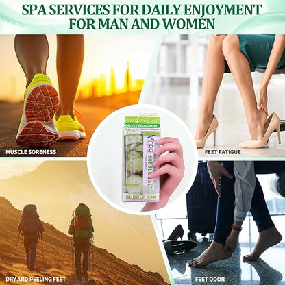 Pedicure Kit Foot Soak Set: Bubble Salt, Sugar Scrub, Massage Mask, Massage Lotion in a Box, 4 Step Foot Spa Kit for Dry Feet, Softens Calluses(3 Set Cucumber)