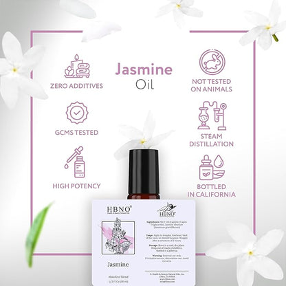 HBNO Jasmine Grandiflorum Oil Roll-On - 1/3 oz (10 ml) Travel Size - Jasmine and Mct - Perfect for Traveling, Aromatherapy, Massage, perfumes, moisturizer