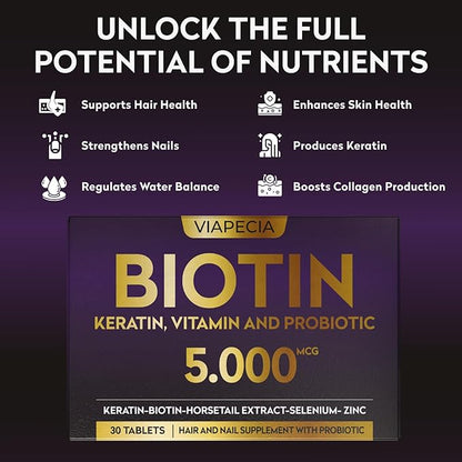 Biotin 5000Mcg - High Potency Biotin Supplement for Hair Growth - Hair Skin Nails Vitamins for Women - Supports Keratin Production and Tissue Regeneration - Vitamins and Supplements - 30 Capsules