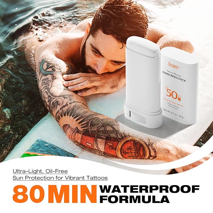 Sexymix Tattoo Sunscreen Stick, SPF 50 Waterproof Sunscreen Stick Broad Spectrum UVA/UVB Protection 0.7 oz with Zinc Oxide, Tattoo Aftercare Sunscreen for Tattoos Non-Dirty Hands Available (2 Packs)