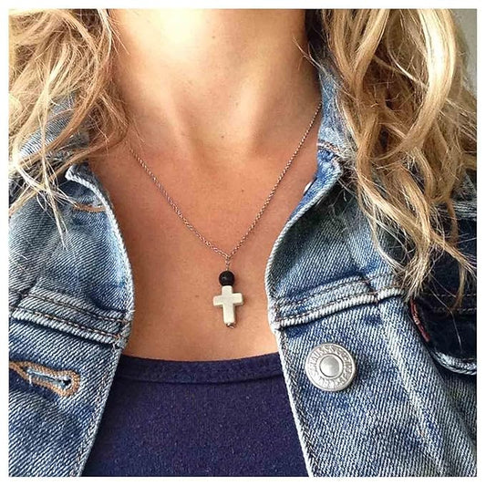 Boho Cross Pendant Necklace Black Lava