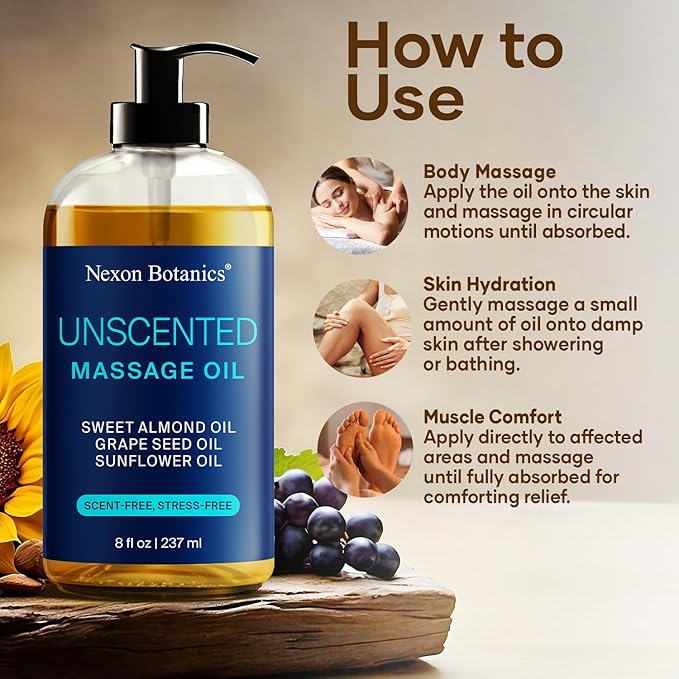 Unscented Massage Oil 8 fl oz - Hydrating Body Oil for Sensitive Skin & Muscle Relief - with Sweet Almond, Grape Seed & Sunflower Oils - Nexon Botanics