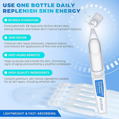3% Hyaluronic Acid Serum Ultra-Hydrating Vials (1 Box of 30), 3% Hyaluronic Acid Serum for Face, Single-Use 3% hyaluronic acid tubes, Intensive Hydration, Skin Tightening & Smoother, Anti-Aging