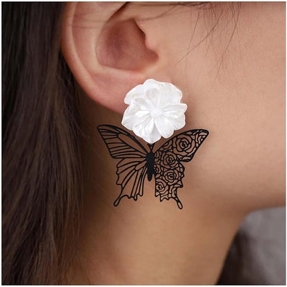 Vintage Black Butterfly Flower Drop Earrings