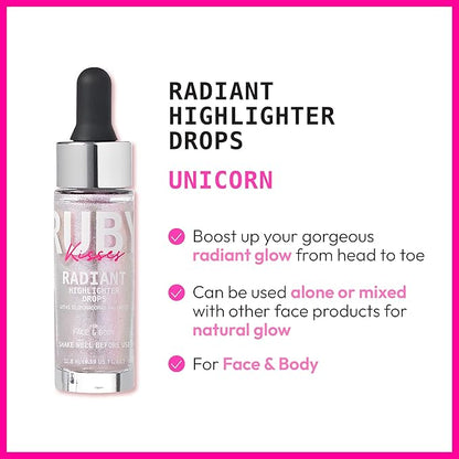 Ruby Kisses Radiant Drops, Shimmer Liquid Highlighter Makeup, Skin (UNICORN)