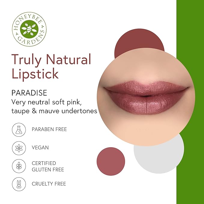 Honeybee Gardens Truly Natural Long Lasting Lipstick, Paradise, Light Pink with Peach Undertones, Naturally Hydrating & Nourishing, Vegan, Gluten-Free & Cruelty-Free, 0.13 oz / 3.8 g