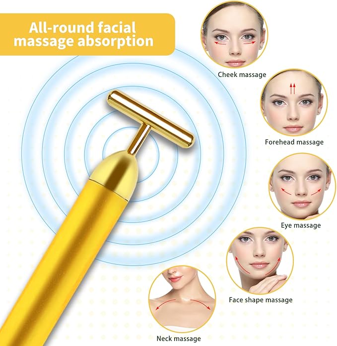 2 Pack T Shape Face Massager Beauty Bar Golden & Pink Facial Massager, Portable Electric Vibration Face Neck Body Massager for Firming Lifting Anti Aging Skin Tightening Wrinkle Reducing