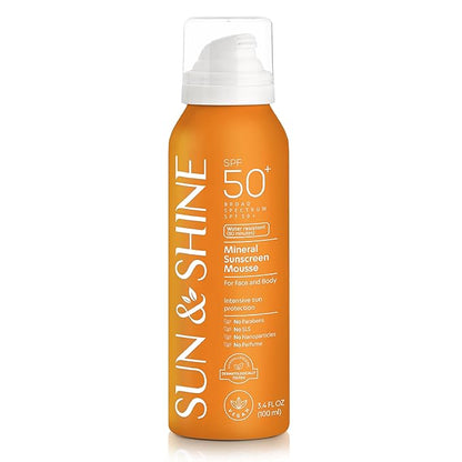 SUN & SHINE MINERAL SUNSCREEN MOUSSE: 100% mineral zinc oxide SPF50 Broad Spectrum UVA UVB, Face Body Protection, Sunburn Spray Zinc Oxide for Sensitive Skin, fragrance free 3.4 Oz