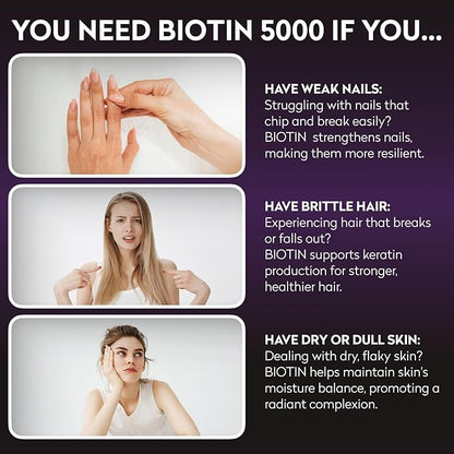 Biotin 5000Mcg - High Potency Biotin Supplement for Hair Growth - Hair Skin Nails Vitamins for Women - Supports Keratin Production and Tissue Regeneration - Vitamins and Supplements - 30 Capsules