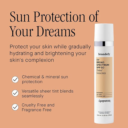 Brandefy UV Tinted SPF 50 Face Sunscreen - Broad Spectrum with Clear Zinc Oxide, 2.2 oz Pump - Made In The USA.