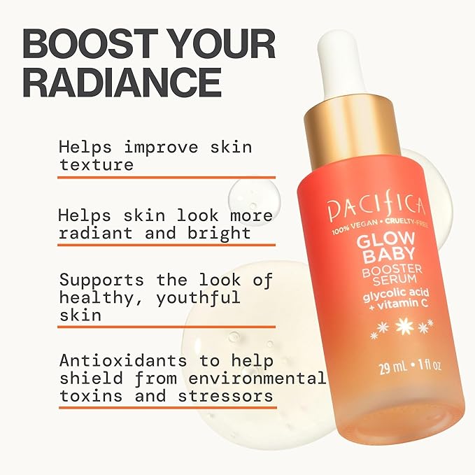 Pacifica Vitamin C Face Serum - Glow Baby Booster Facial Serum - Glycolic Acid Serum For Face - Dark Spot Corrector Anti Aging Brightening - Dermatologist Tested, Fragrance Free, Clean Skin Care Vegan