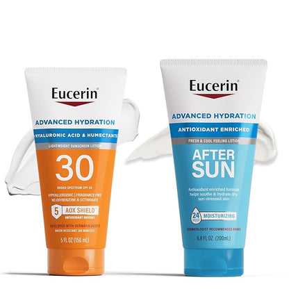 Eucerin Advanced Hydration Skin Care Set, Advanced Hydration Sunscreen Lotion SPF 30, 5 Fl Oz Tube + Advanced Hydration After Sun Lotion, After Sun Care for Dry, Sun-Stressed Skin, 6.8 Fl Oz Tube