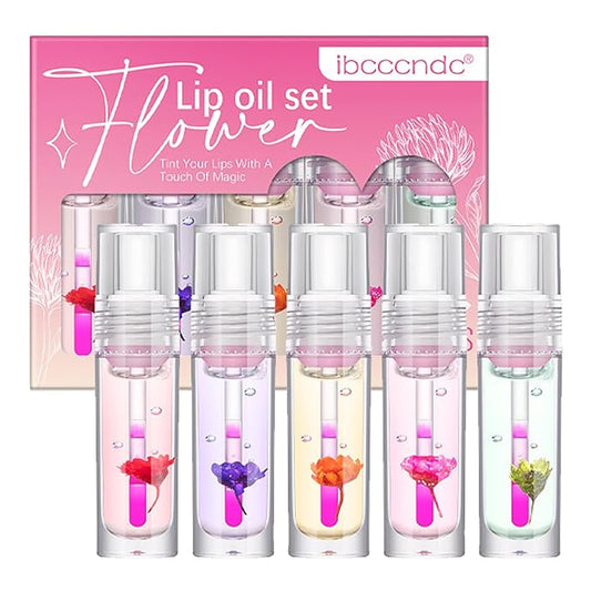 Color Change Plumping Lip Oil Set, Infuse Flowers Clear Lip Gloss for Lip Care, Natural Plant Hydrating Lip Glow Oil Toot Lip Oil, Nourishing, Non-sticky