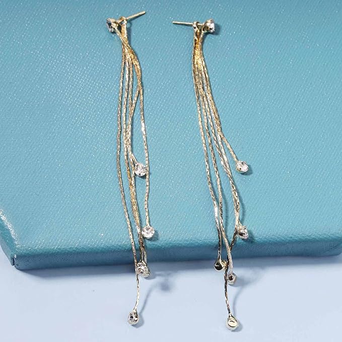 Boho Cz Tassel Chain Earrings Gold