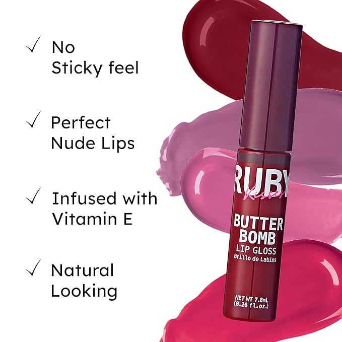 Ruby Kisses Lip Gloss Butter Bomb Gloss Non-Sticky Lip Gloss Vitamin E Natural Nude Lip Makeup - 7.8mL (0.26 US fl.oz) ($avage)