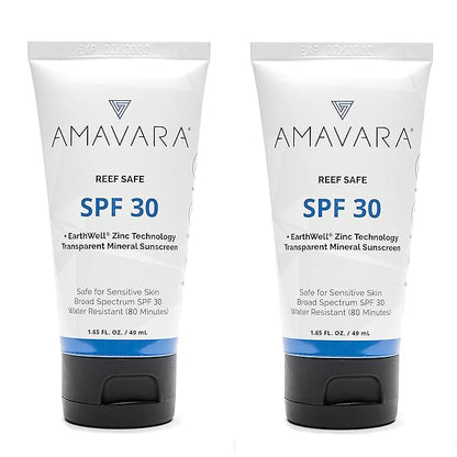 Transparent Mineral Sunscreen SPF 30, Non Nano Zinc Oxide Reef Safe Sunblock for Sensitive Skin, Biodegradable Broad Spectrum Body & Face Waterproof SPF Lotion, 1.65 Oz (2 Pack)