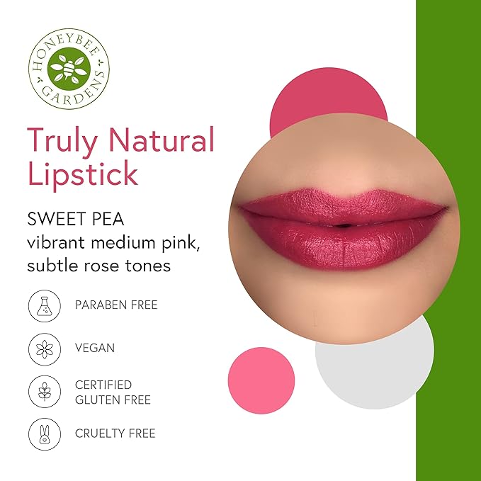 Honeybee Gardens Truly Natural Long Lasting Lipstick, Sweet Pea Lipstick, Vibrant Medium Pink, Naturally Hydrating & Nourishing, Vegan, Gluten-Free & Cruelty-Free, 0.13 oz / 3.8 g