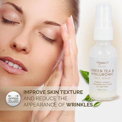 Hyaluronic Acid & Green Tea Face Serum – Anti-Aging Hydrating Serum with Vitamins C + E for Glowing Skin, Vegan & Cruelty-Free for All Skin Types – 30ml