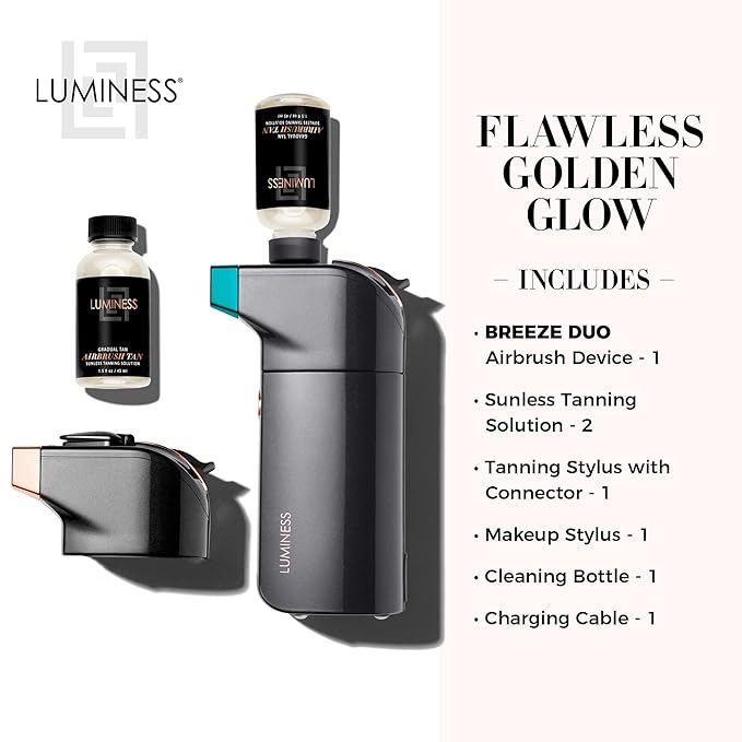LUMINESS BREEZE DUO TANNING AIRBRUSH SYSTEM, Gradual Tan – Self Tanner Kit includes Breeze Device with Makeup Stylus, Tanning Stylus & Sunless Tanning Solution - Long-Lasting, Buildable, Flawless Tan