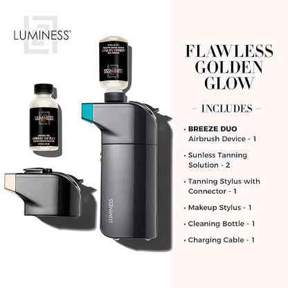 LUMINESS BREEZE DUO TANNING AIRBRUSH SYSTEM, Gradual Tan – Self Tanner Kit includes Breeze Device with Makeup Stylus, Tanning Stylus & Sunless Tanning Solution - Long-Lasting, Buildable, Flawless Tan