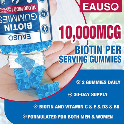 Extra Strength Biotin Gummies 10,000mcg for Stronger Hair, Skin & Nails - 60 Gummies - Vegan, Non-GMO, Health Supplement