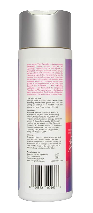 Super Sunnies Tan Extender Moisturizer Lotion with Tanogen HB for Indoor Tanning Beds & Sunless Tanning, Enriched with Aloe & Hawaiian Coconut Oil, Jojoba Oil & Nuts 8 oz.