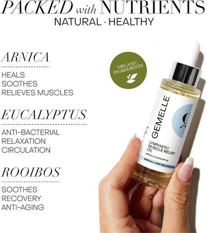 GEMELLE Lymphatic Muscle Relief Oil | 6X Award Winner | Natural Arnica Massage Oil, Sore Muscles, Back & Neck Pain Relief Oil, Lymphatic Drainage | Paraben-Free, Luxury Natural Skin Care | 30ml