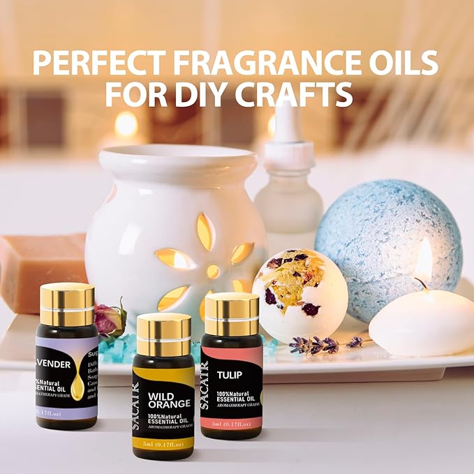 Essential Oils by SACATR Natural Essential Oil Set -12 Essential Oils Gift Set for Diffuser, Massage, Fragrance Oil Scent for DIY Candle and Soap Making (12 * 5ML)