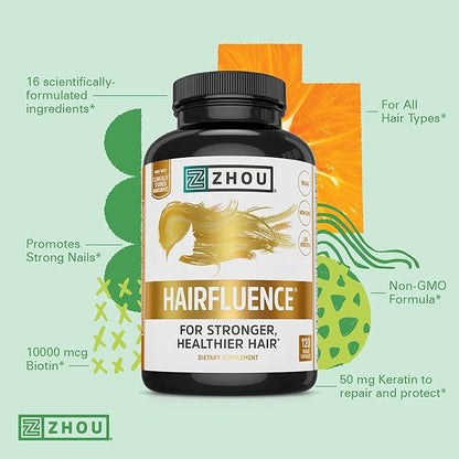 ZHOU Hairfluence, Hair Growth Supplement with Clinically Studied Lustriva and Keranat and Hair Vitamins Biotin 5000mcg, Vitamin D, A, C & B12, Non-GMO, Gluten Free, 120 VegCaps