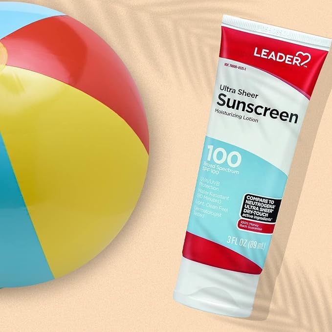 Leader Travel Sunscreen SPF 100+, Ultra Sheer Dry-Touch Water Resistant and Non-Greasy Lotion with Broad Spectrum SPF 100+, 3 Fl Oz