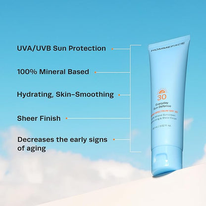 HOMMEFACE Everyday Sun Defense Broad Spectrum SPF 30 - Daily Mineral Face Moisturizer, Facial Sunscreen Lotion, Reef-Safe, Non-Greasy, 2.02 Fl. Oz.