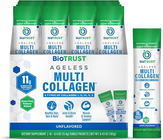 BioTrust Ageless Multi Collagen Peptides Powder – Types I, II, III, V, X – Unflavored Collagen Powder for Women & Men – Hydrolyzed Protein– Grass Fed Beef, Fish, Chicken, Eggshell Membrane(16 packets)