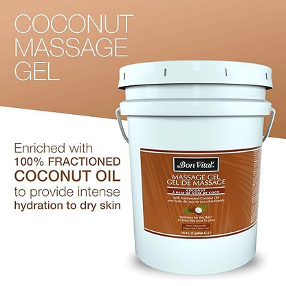 Bon Vital' Coconut Massage Gel with 100% Pure Fractionated Coconut Oil, Great for At-Home Use in Back Massages & Neck Massages, Moisturizes Skin Without Clogging Pores, 5 Gal, Label may Vary