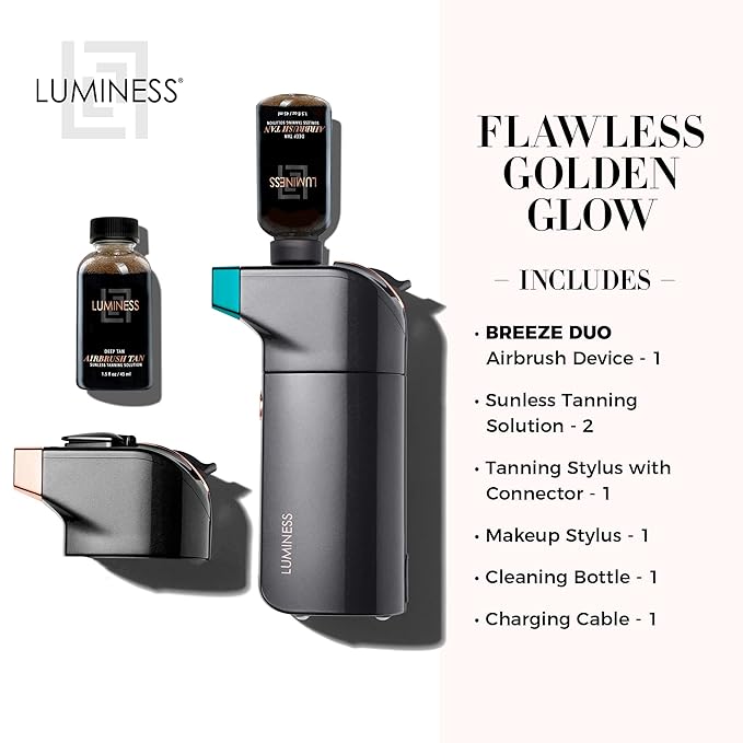 LUMINESS BREEZE DUO TANNING AIRBRUSH SYSTEM, Deep Tan – Self Tanner Kit includes Breeze Device with Makeup Stylus, Tanning Stylus & Sunless Tanning Solution - Long-Lasting, Buildable, Flawless Tan