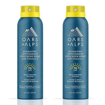 Oars + Alps Hydrating SPF 70 Sunscreen Spray, Infused with Vitamin C and Antioxidants, Water and Sweat Resistant, 6 Oz, 2 Pack