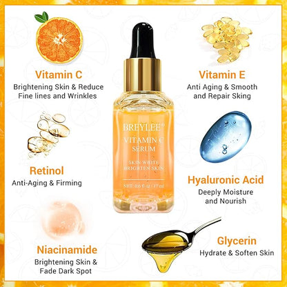 BREYLEE Vitamin C Serum for Face & Eye (o.6 oz) for Brightening Skin,Dark Spot Remover,Reduce Wrinkle,Anti Aging Serum,Moisturizer Brightening Serum with Hyaluronic Acid,Vitamin E,Retinol, Niacinamide