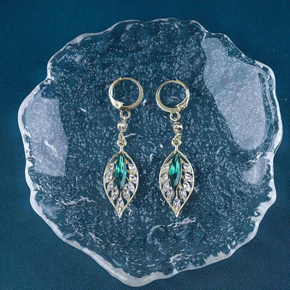 Vintage Emerald Leaf Earrings Rhinestone Leaf