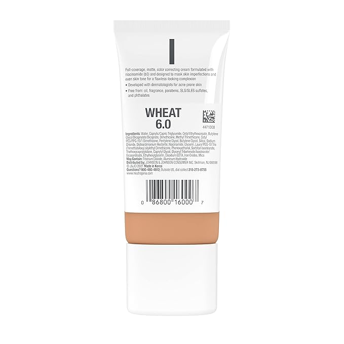 Neutrogena Clear Coverage Flawless Matte CC Cream, Full-Coverage Free, Wheat, 1 oz