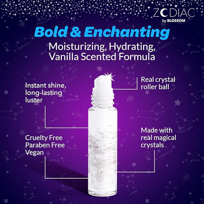 Blossom Zodiac Sign Vanilla Scented Moisturizing Roll-On Lip Gloss with Crystals, Made in USA, 0.20 fl. oz./5.9ml, Cancer