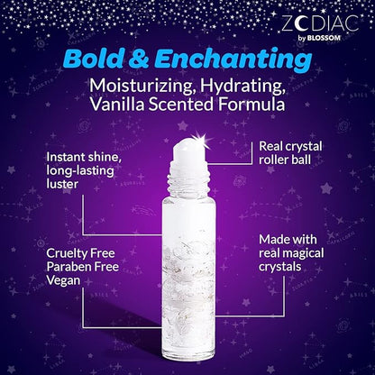 Blossom Zodiac Sign Vanilla Scented Moisturizing Roll-On Lip Gloss with Crystals, Made in USA, 0.20 fl. oz./5.9ml, Cancer