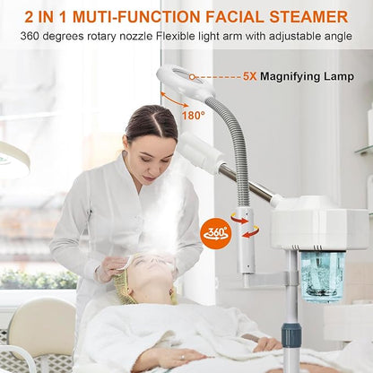 2 in 1 Facial Steamer, Professional Facial Steamers with 5X Magnifying Lamp, Face Steamer for Esthetician, Facial Steamer for Home Beauty Salon SPA