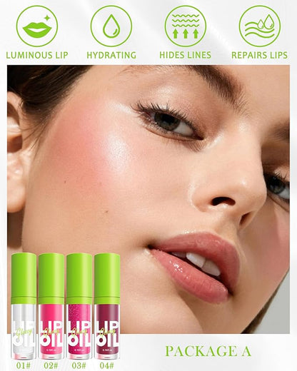 Fat Oil Lip Gloss-4Pcs Hydrating Lip Glow Oil Lipgloss, Tinted Clear Plumping lip Gloss,Pink Red Shimmer Plumper Lip Stain Oil, Glossy Finish Tint Shiny Lip Glaze Vegan Glow Reviver Lip Oil Drip-Set A