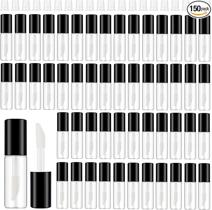 Jinei 150 Pcs Clear Empty Lip Balm Bottles 1.2ml Mini Lip Gloss Tubes, Refillable Lipstick Containers Transparent Plastic Clear Lipstick Tubes for Girl Women DIY Makeup Lip Sample Travel (Black)