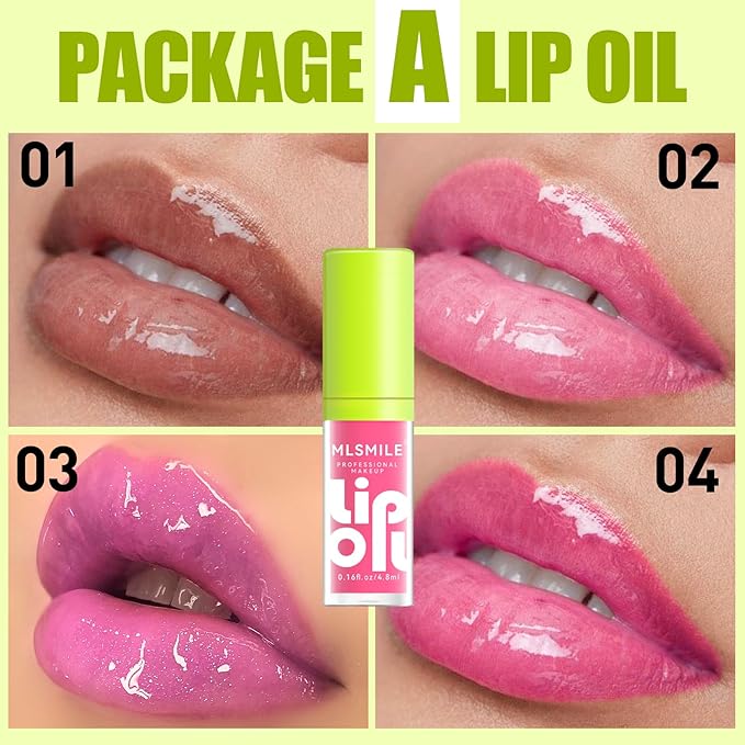 4 Colors Fat Lip Oil Set, Big Brush Head Hydrating Lip Glow Oil Lip Plumper Gloss, Shiny Transparent Lip Gloss Tinted Plumping Lip Oils, Non-sticky Long Lasting Fresh Clear Smooth Lip Care - A