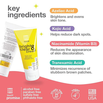 TOUCH Skin Bright Cream for Dark Spots on Face - Azelaic Acid with Kojic Acid, Tranexamic Acid, & Niacinamide – Age Spot, Sun Spot, and Melasma