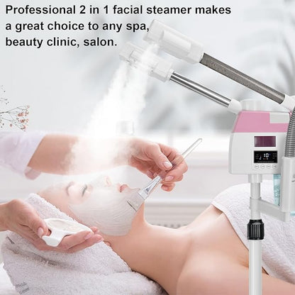 Professional Facial Steamer, 3 in 1 Facial Steamer with 5X Magnifying Lamp Hot&Cool Mist, Esthetician Steamer on Wheels, Stand Face Steamer with Time Setting for Home Salon Spa