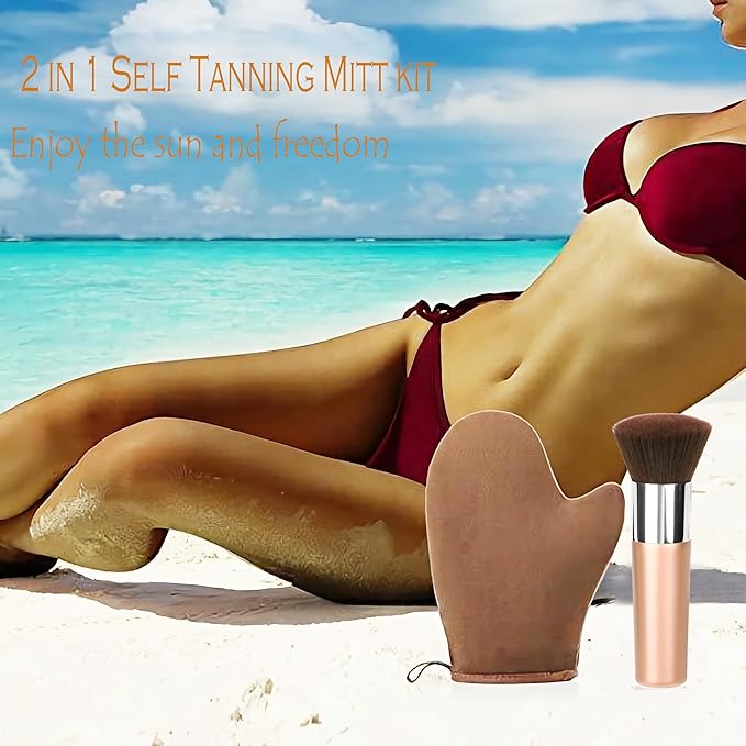 VNITT 2 IN 1 Self Tanning Mitt Applicator Kit Set,Self Tan Mitt,Self Tanning Glove and Self Tanner Brush,Sunscreen Brush- Fake Tan Applicator for Face and Body,Hands,Legs