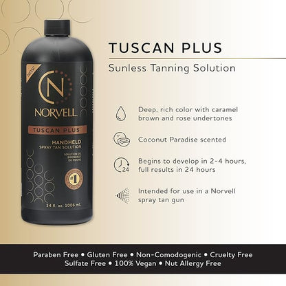 Norvell Tuscan Plus Sunless Tanning Solution, Caramel Brown and Rose Tan, 34 fl oz – Professional Spray Tan Solution for Spray Tan Machine – Unleash Confidence with Instant, Long-Lasting Natural Color